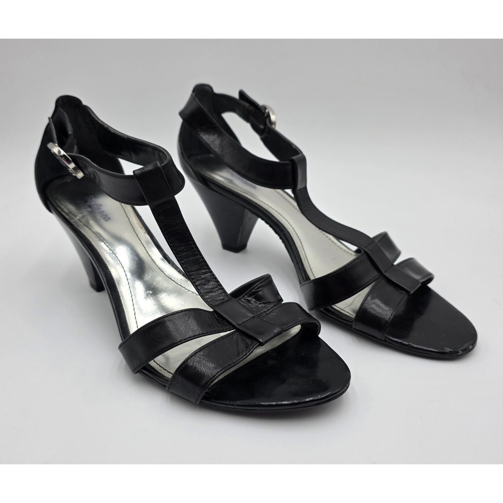 Style & Co Mildred Black Leather T-Strap Cone Heel Sandals Size 9M Dressy Buckle